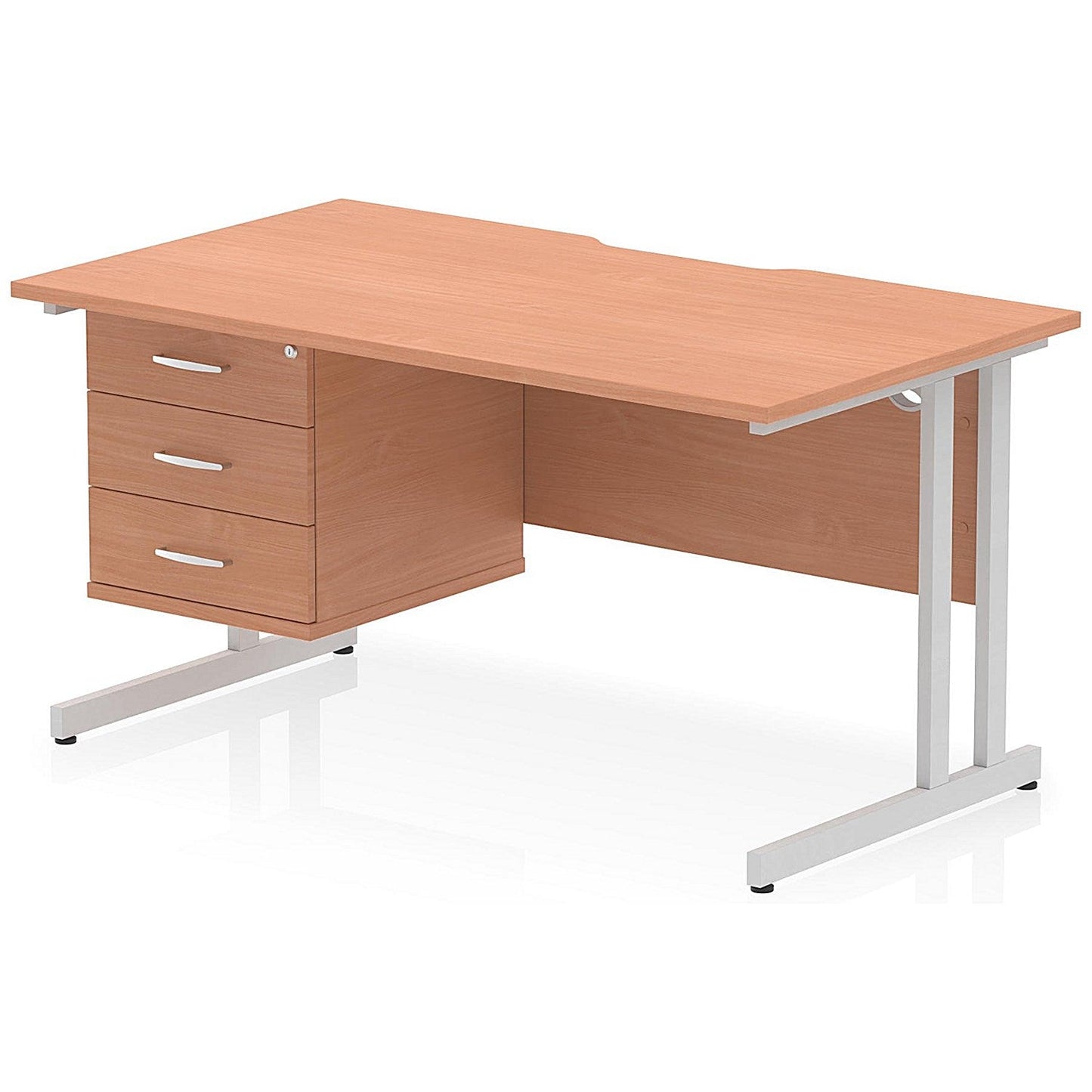 Impulse 1400mm Scalloped Edge Rectangular Desk, Silver Cantilever Legs, Beech, With 1 x 3 Drawer Fixed Pedestal Easy2Order : I006252