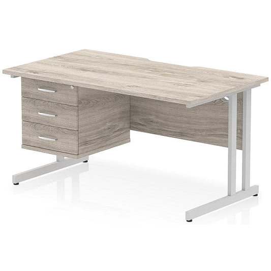 Impulse 1400mm Scalloped Edge Rectangular Desk, Silver Cantilever Legs, Grey Oak, With 1 x 3 Drawer Fixed Pedestal Easy2Order : I006255