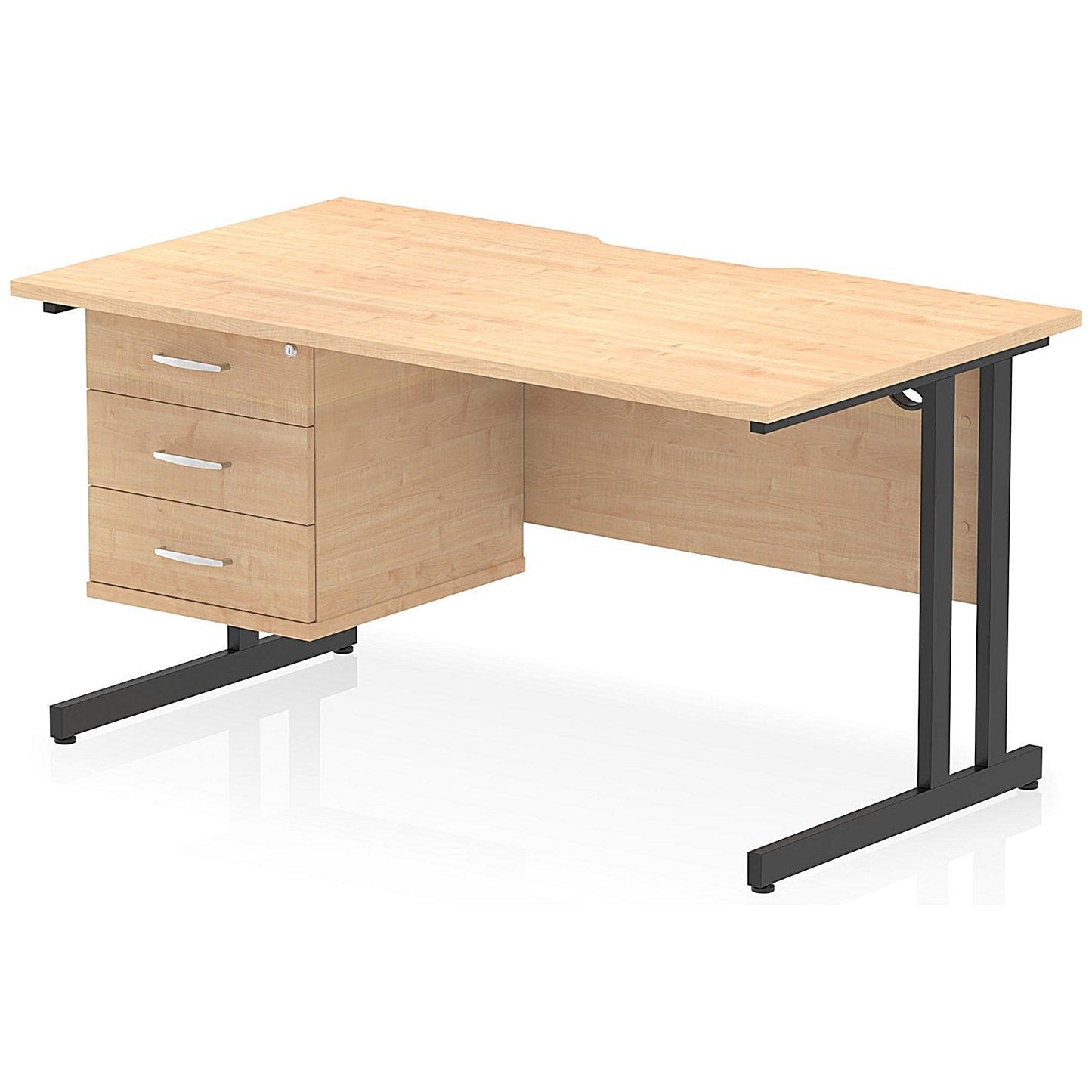 Impulse 1400mm Scalloped Edge Rectangular Desk, Black Cantilever Legs, Maple, With 1 x 3 Drawer Fixed Pedestal Easy2Order : I006257