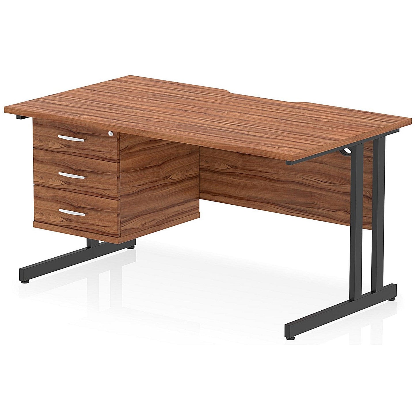 Impulse 1400mm Scalloped Edge Rectangular Desk, Black Cantilever Legs, Walnut, With 1 x 3 Drawer Fixed Pedestal Easy2Order : I006263