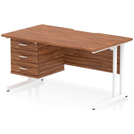 Impulse 1400mm Scalloped Edge Rectangular Desk, White Cantilever Legs, Walnut, With 1 x 3 Drawer Fixed Pedestal Easy2Order : I006265