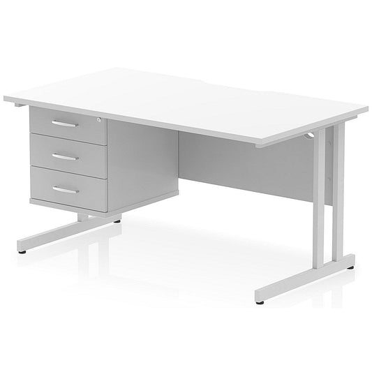 Impulse 1400mm Scalloped Edge Rectangular Desk, Silver Cantilever Legs, White, With 1 x 3 Drawer Fixed Pedestal Easy2Order : I006267