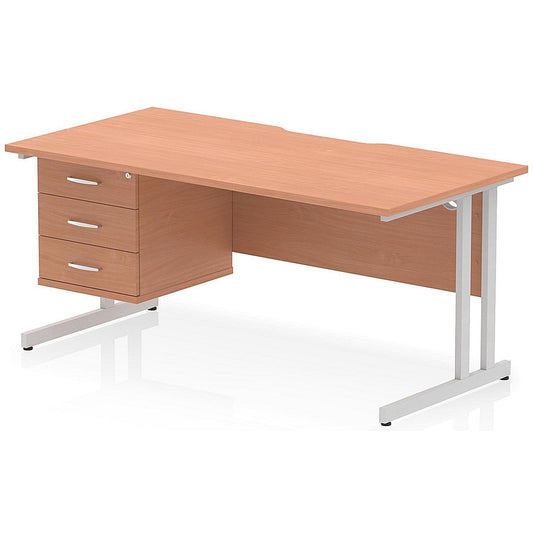 Impulse 1600mm Scalloped Edge Rectangular Desk, Silver Cantilever Legs, Beech, With 1 x 3 Drawer Fixed Pedestal Easy2Order : I006270