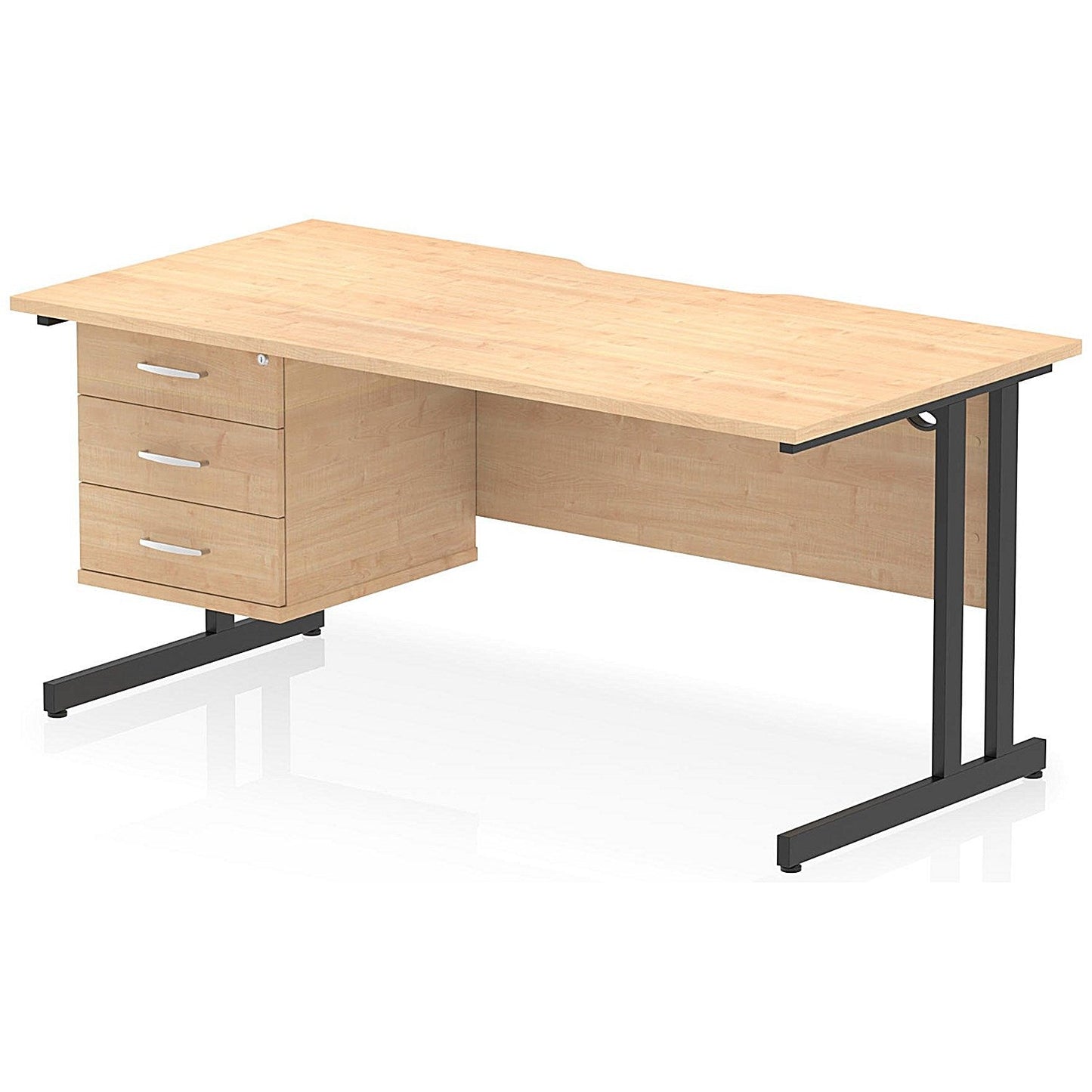 Impulse 1600mm Scalloped Edge Rectangular Desk, Black Cantilever Legs, Maple, With 1 x 3 Drawer Fixed Pedestal Easy2Order : I006275