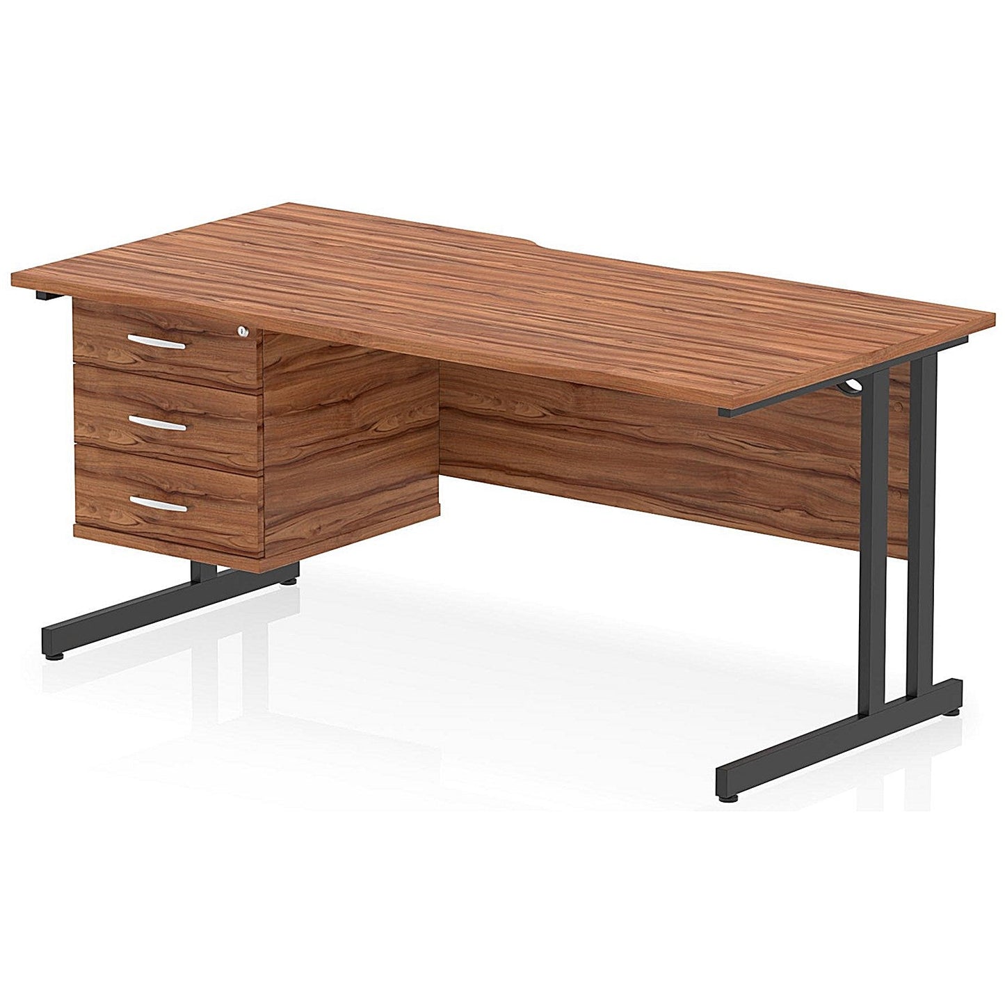 Impulse 1600mm Scalloped Edge Rectangular Desk, Black Cantilever Legs, Walnut, With 1 x 3 Drawer Fixed Pedestal Easy2Order : I006281