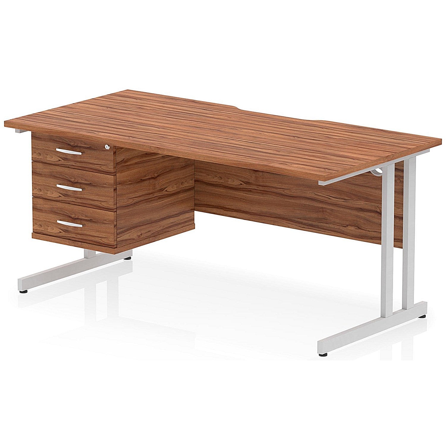 Impulse 1600mm Scalloped Edge Rectangular Desk, Silver Cantilever Legs, Walnut, With 1 x 3 Drawer Fixed Pedestal Easy2Order : I006282