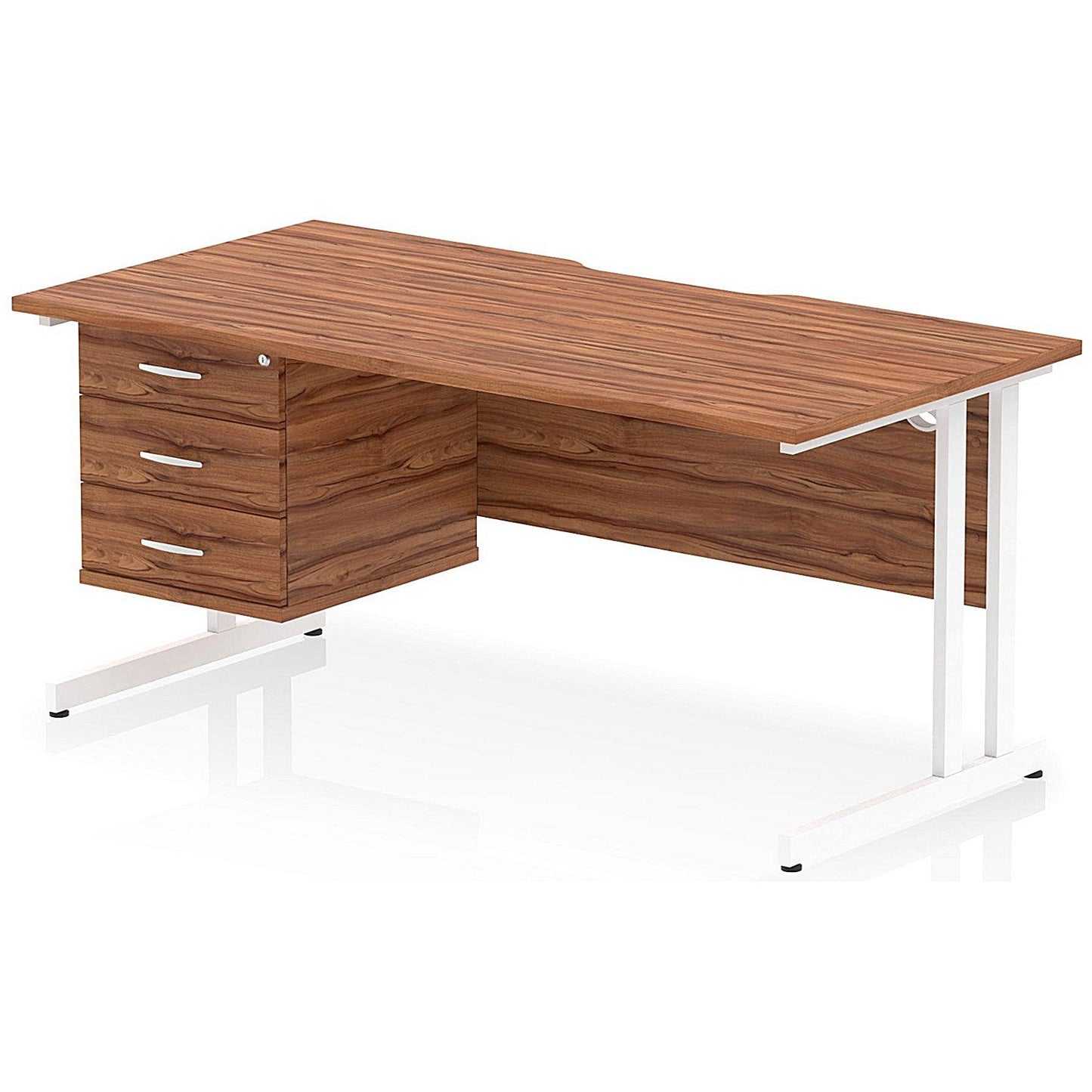 Impulse 1600mm Scalloped Edge Rectangular Desk, White Cantilever Legs, Walnut, With 1 x 3 Drawer Fixed Pedestal Easy2Order : I006283