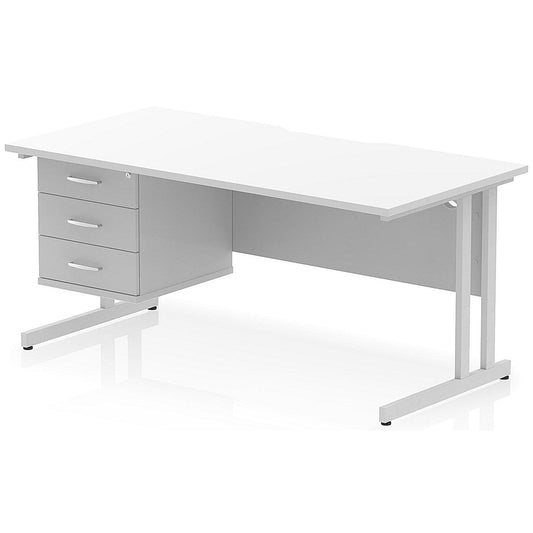 Impulse 1600mm Scalloped Edge Rectangular Desk, Silver Cantilever Legs, White, With 1 x 3 Drawer Fixed Pedestal Easy2Order : I006285