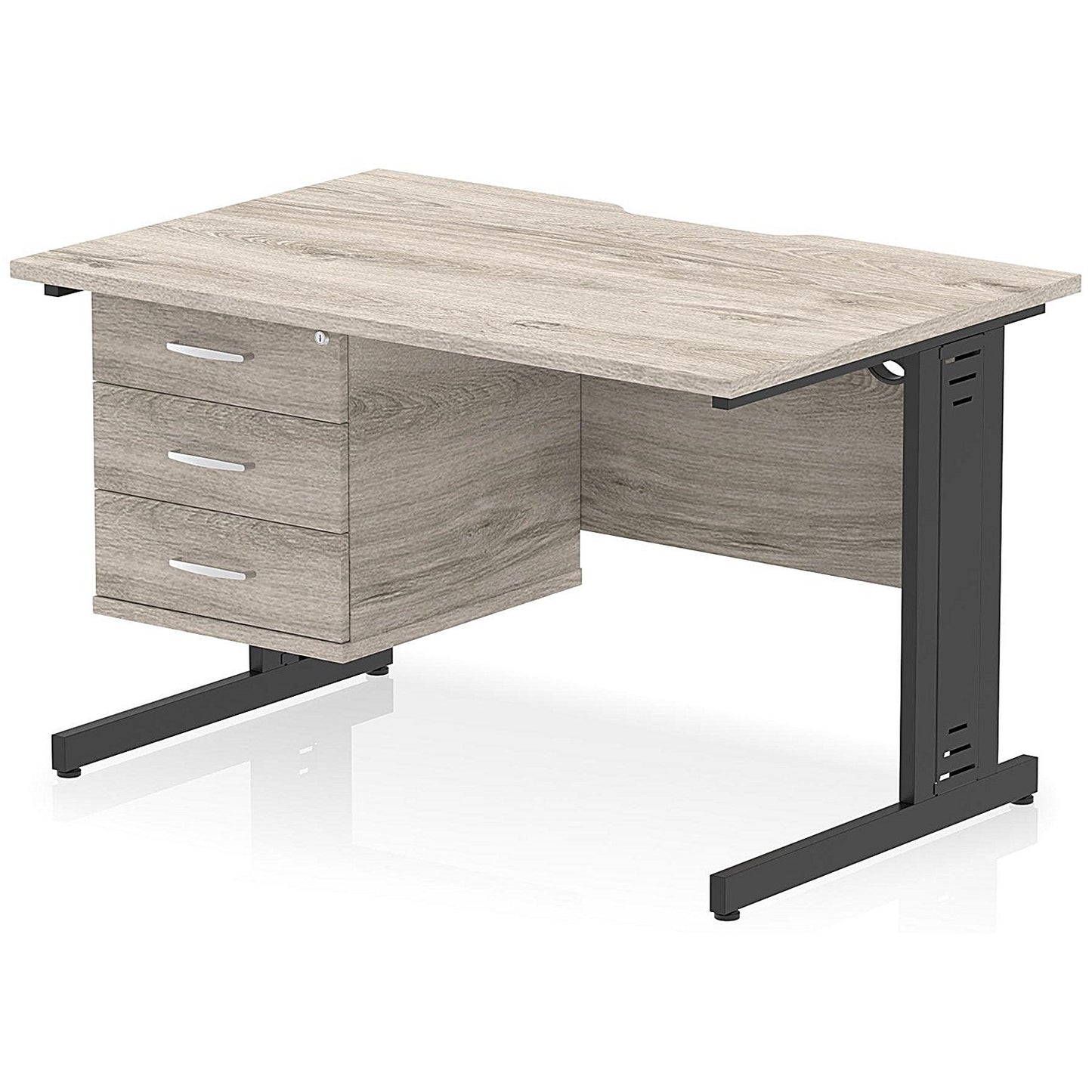 Impulse 1200mm Scalloped Edge Rectangular Desk, Black Cable Managed Legs, Grey Oak, With 1 x 3 Drawer Fixed Pedestal Easy2Order : I006290