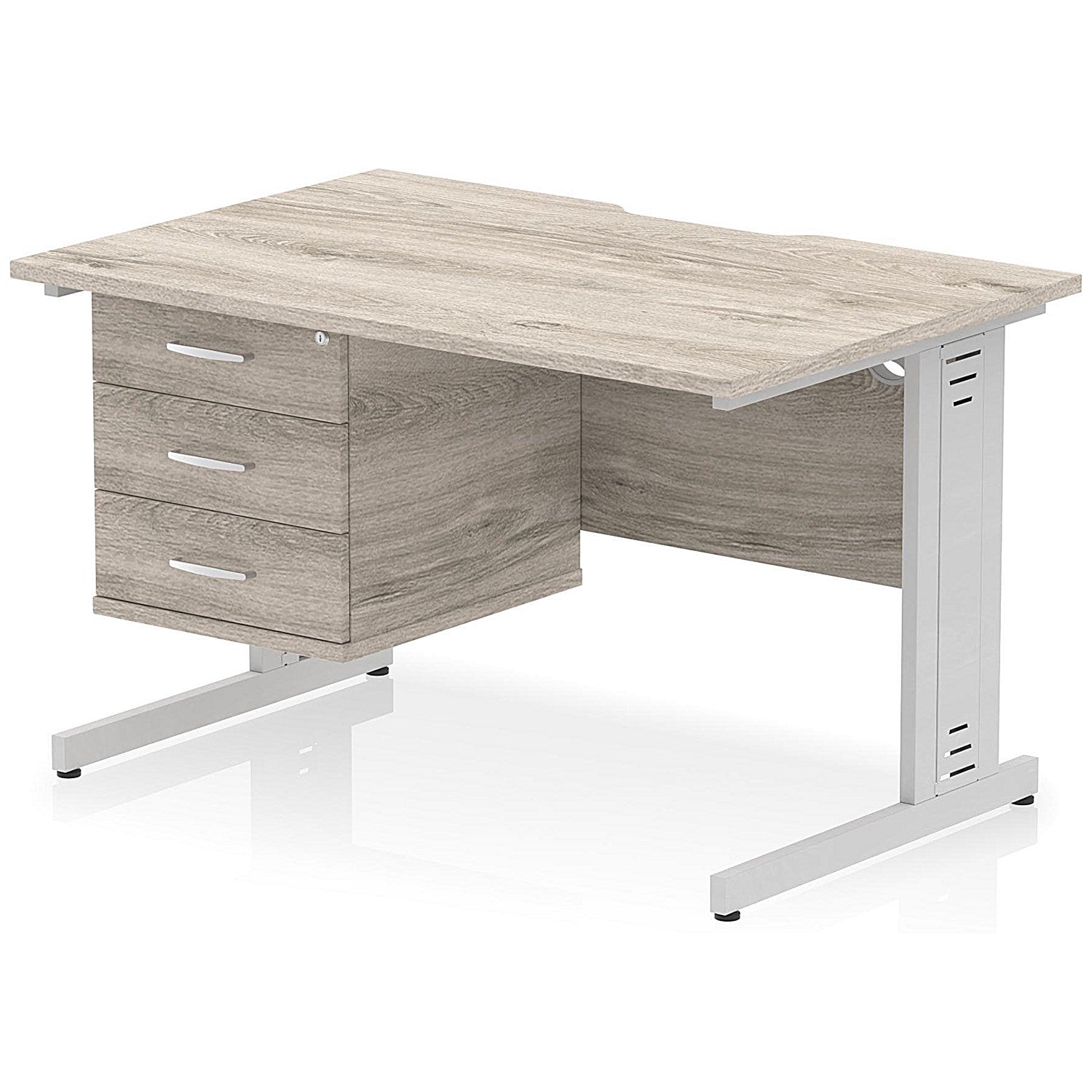 Impulse 1200mm Scalloped Edge Rectangular Desk, Silver Cable Managed Legs, Grey Oak, With 1 x 3 Drawer Fixed Pedestal Easy2Order : I006291