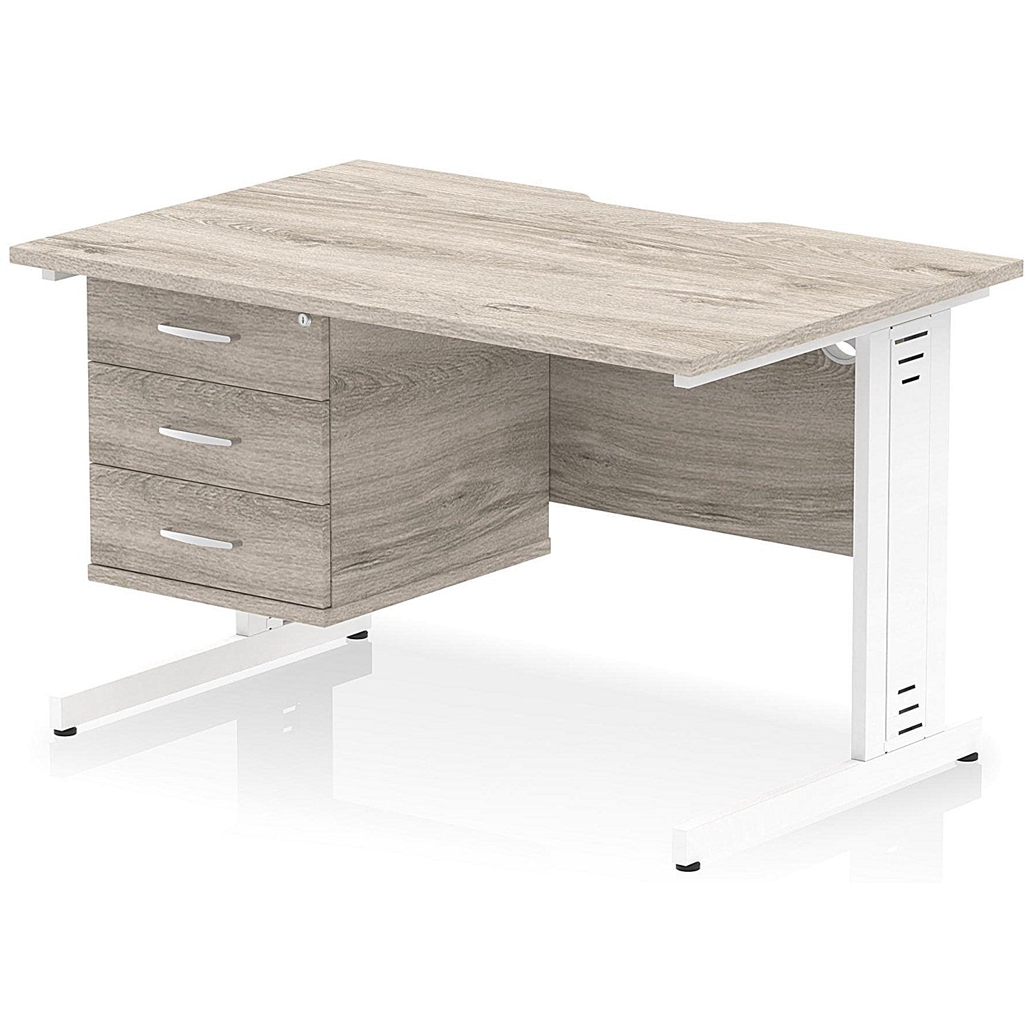 Impulse 1200mm Scalloped Edge Rectangular Desk, White Cable Managed Legs, Grey Oak, With 1 x 3 Drawer Fixed Pedestal Easy2Order : I006292
