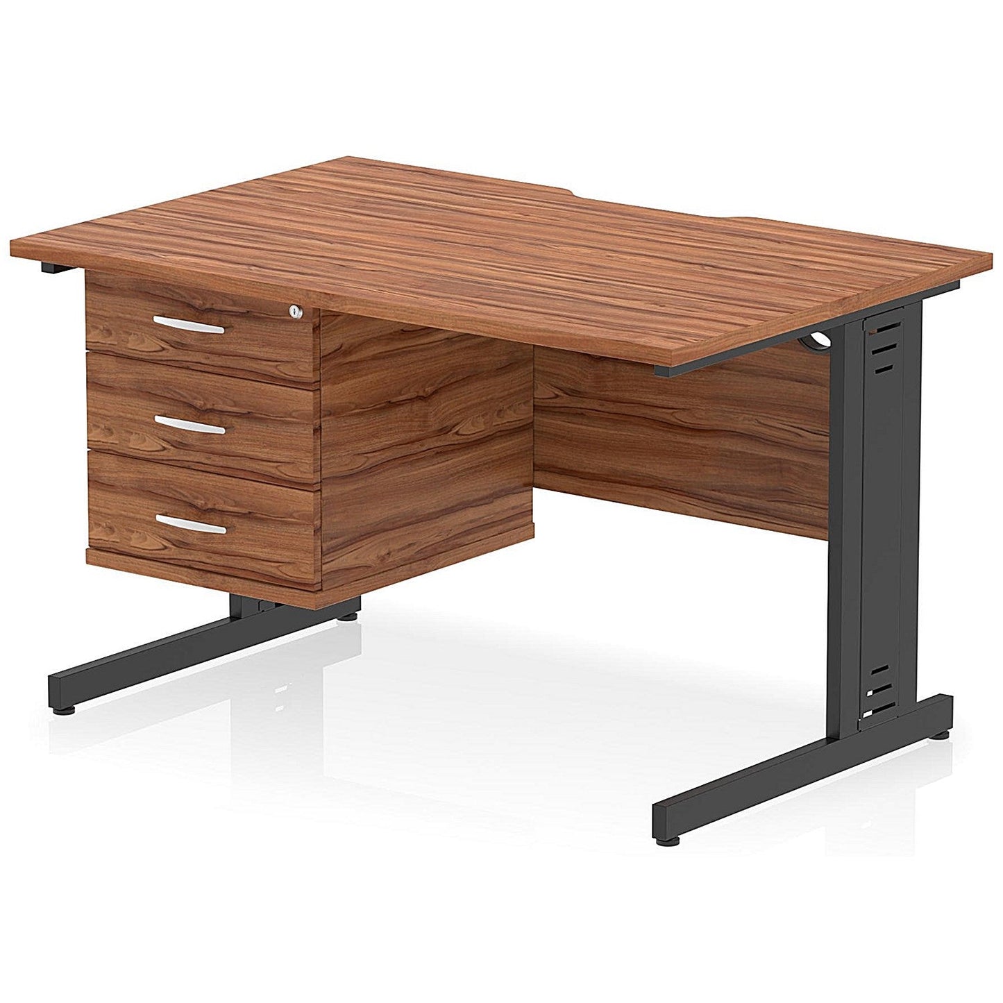 Impulse 1200mm Scalloped Edge Rectangular Desk, Black Cable Managed Legs, Walnut, With 1 x 3 Drawer Fixed Pedestal Easy2Order : I006299