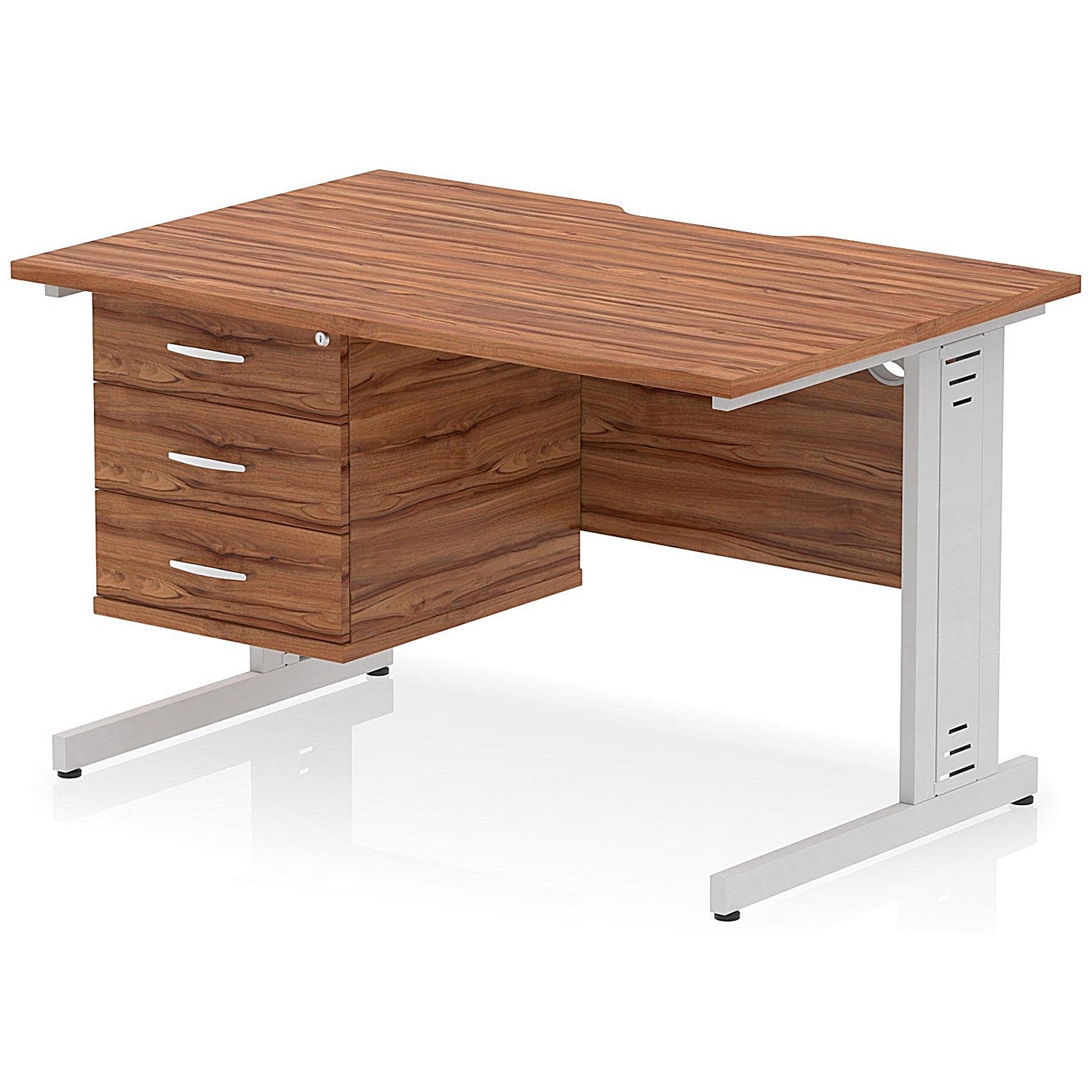 Impulse 1200mm Scalloped Edge Rectangular Desk, Silver Cable Managed Legs, Walnut, With 1 x 3 Drawer Fixed Pedestal Easy2Order : I006300