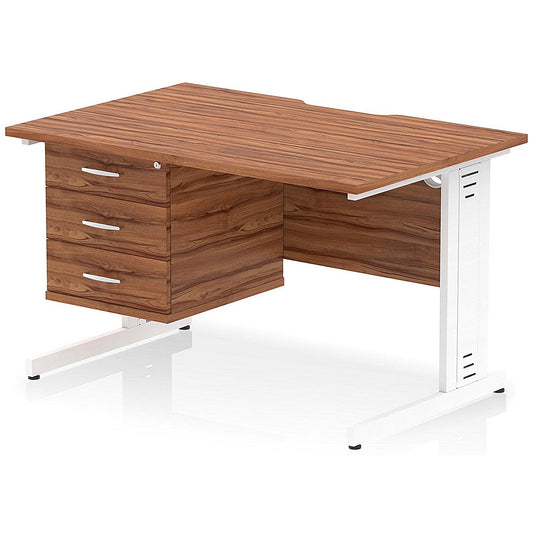Impulse 1200mm Scalloped Edge Rectangular Desk, White Cable Managed Legs, Walnut, With 1 x 3 Drawer Fixed Pedestal Easy2Order : I006301