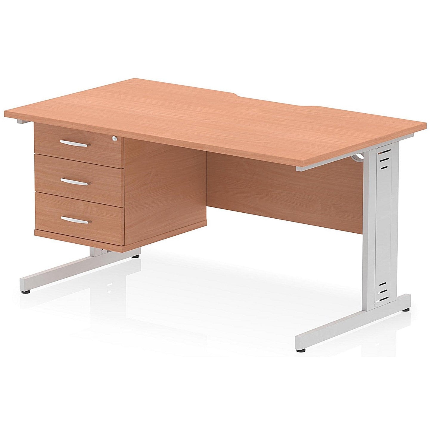 Impulse 1400mm Scalloped Edge Rectangular Desk, Silver Cable Managed Legs, Beech, With 1 x 3 Drawer Fixed Pedestal Easy2Order : I006306