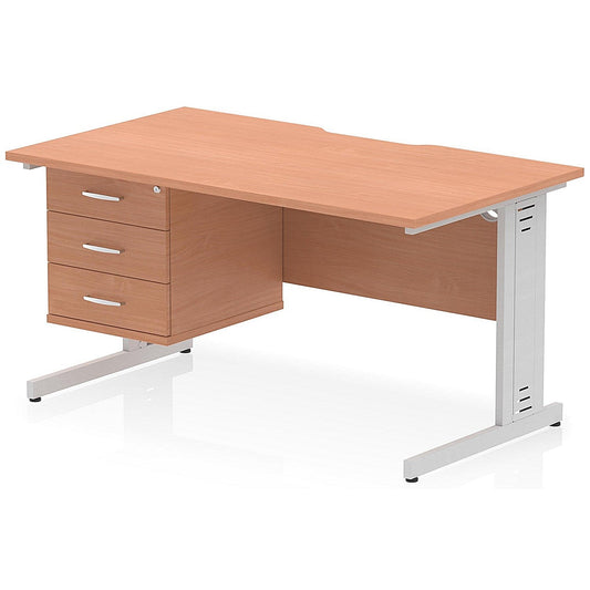 Impulse 1400mm Scalloped Edge Rectangular Desk, Silver Cable Managed Legs, Beech, With 1 x 3 Drawer Fixed Pedestal Easy2Order : I006306