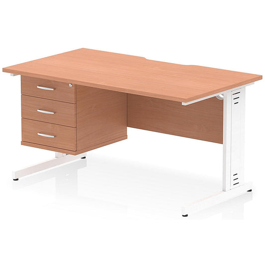 Impulse 1400mm Scalloped Edge Rectangular Desk, White Cable Managed Legs, Beech, With 1 x 3 Drawer Fixed Pedestal Easy2Order : I006307