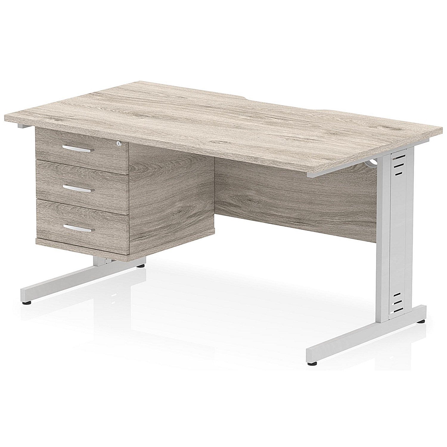 Impulse 1400mm Scalloped Edge Rectangular Desk, Silver Cable Managed Legs, Grey Oak, With 1 x 3 Drawer Fixed Pedestal Easy2Order : I006309