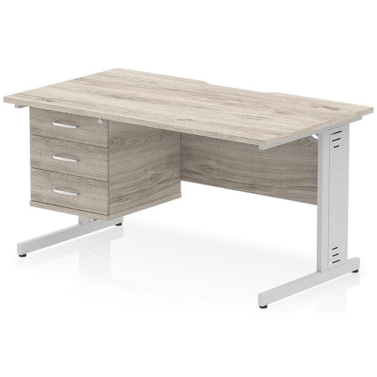 Impulse 1400mm Scalloped Edge Rectangular Desk, Silver Cable Managed Legs, Grey Oak, With 1 x 3 Drawer Fixed Pedestal Easy2Order : I006309