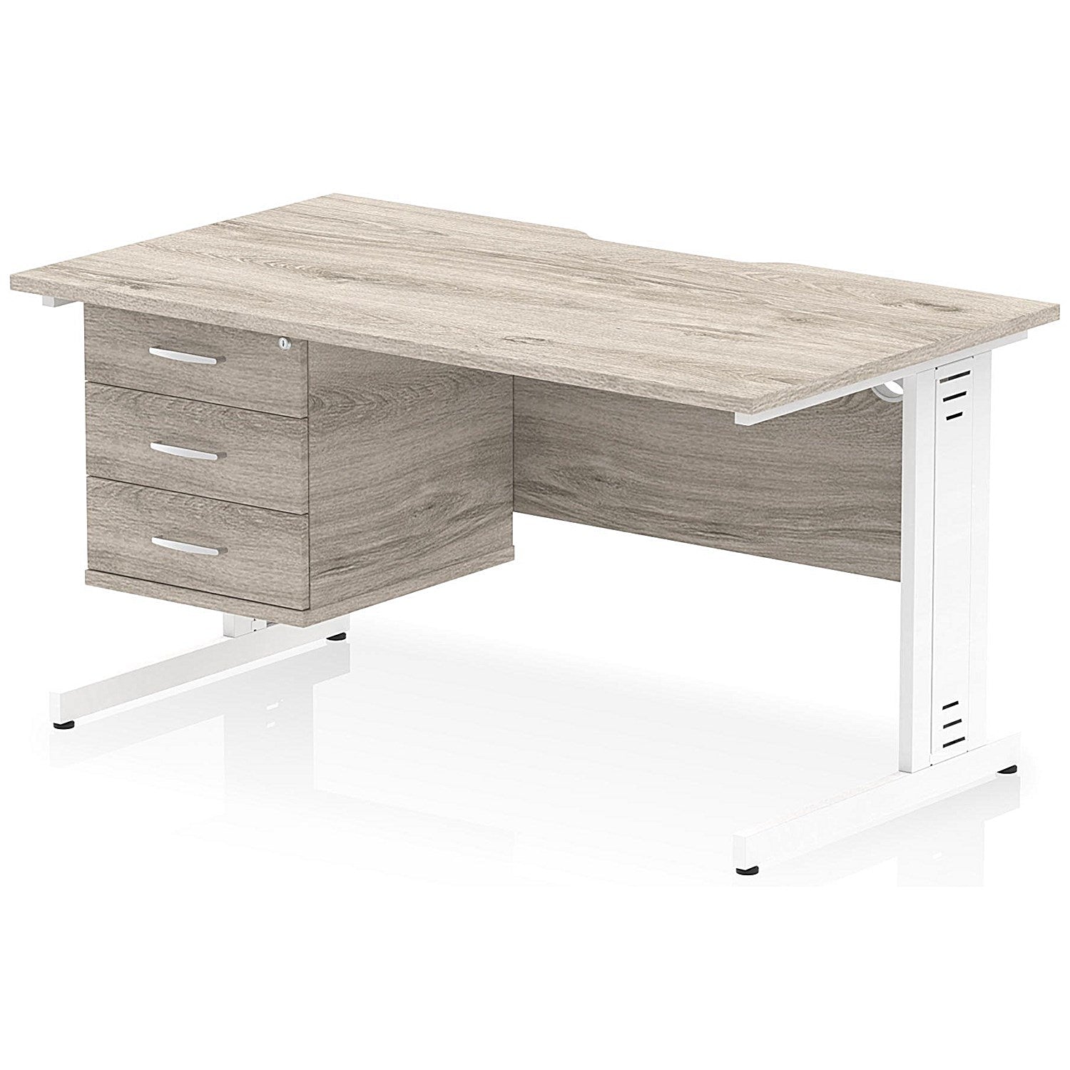 Impulse 1400mm Scalloped Edge Rectangular Desk, White Cable Managed Legs, Grey Oak, With 1 x 3 Drawer Fixed Pedestal Easy2Order : I006310