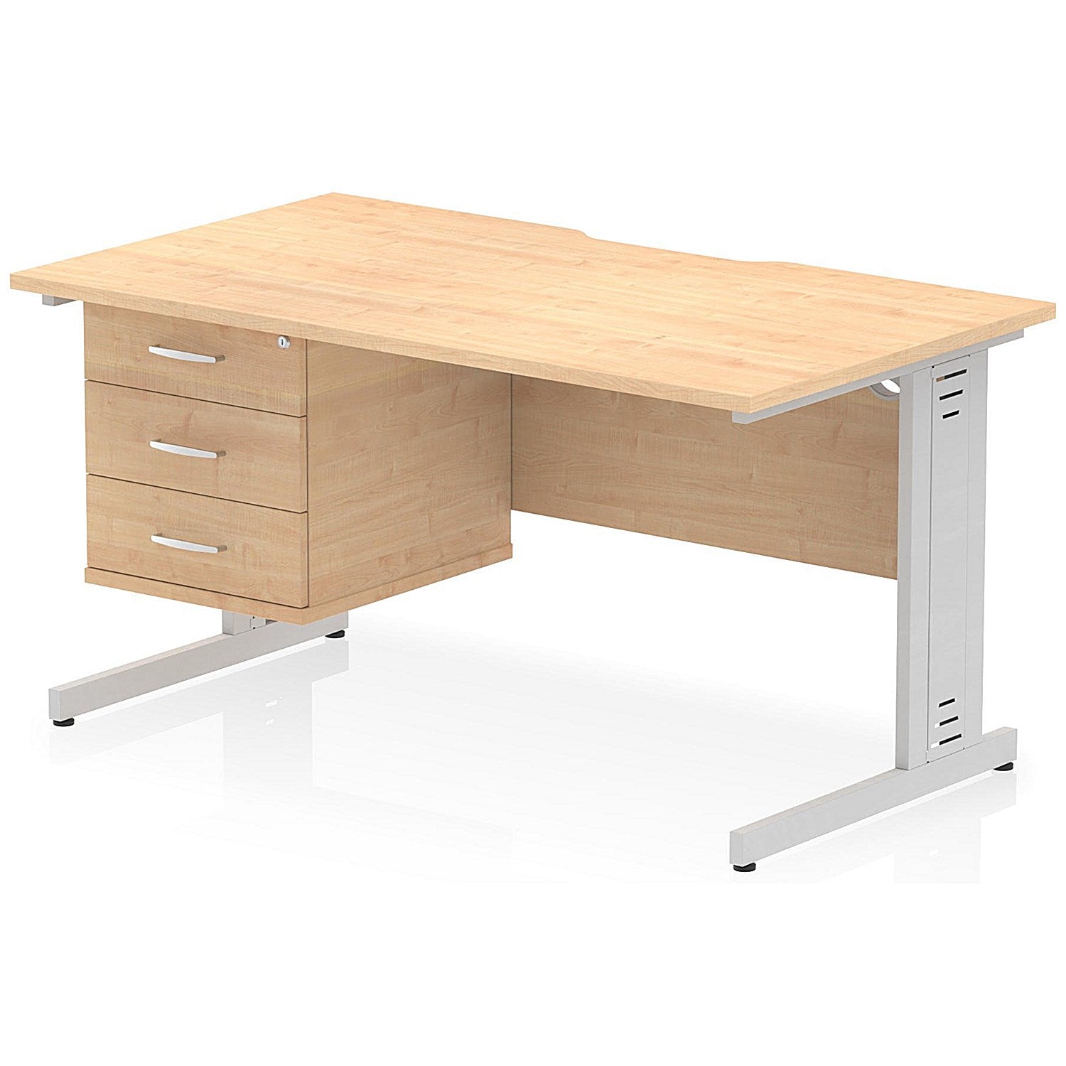 Impulse 1400mm Scalloped Edge Rectangular Desk, Silver Cable Managed Legs, Maple, With 1 x 3 Drawer Fixed Pedestal Easy2Order : I006312