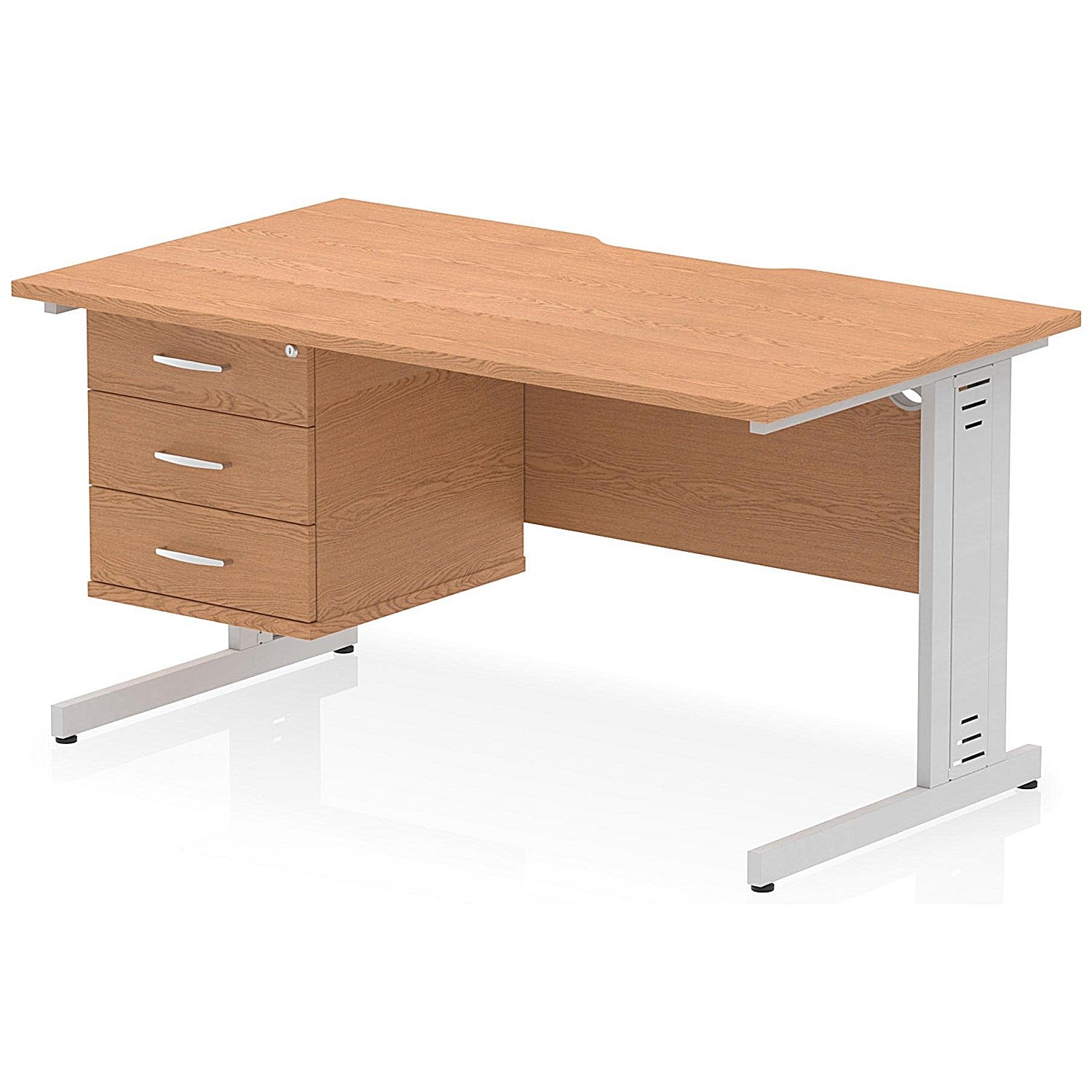 Impulse 1400mm Scalloped Edge Rectangular Desk, Silver Cable Managed Legs, Oak, With 1 x 3 Drawer Fixed Pedestal Easy2Order : I006315