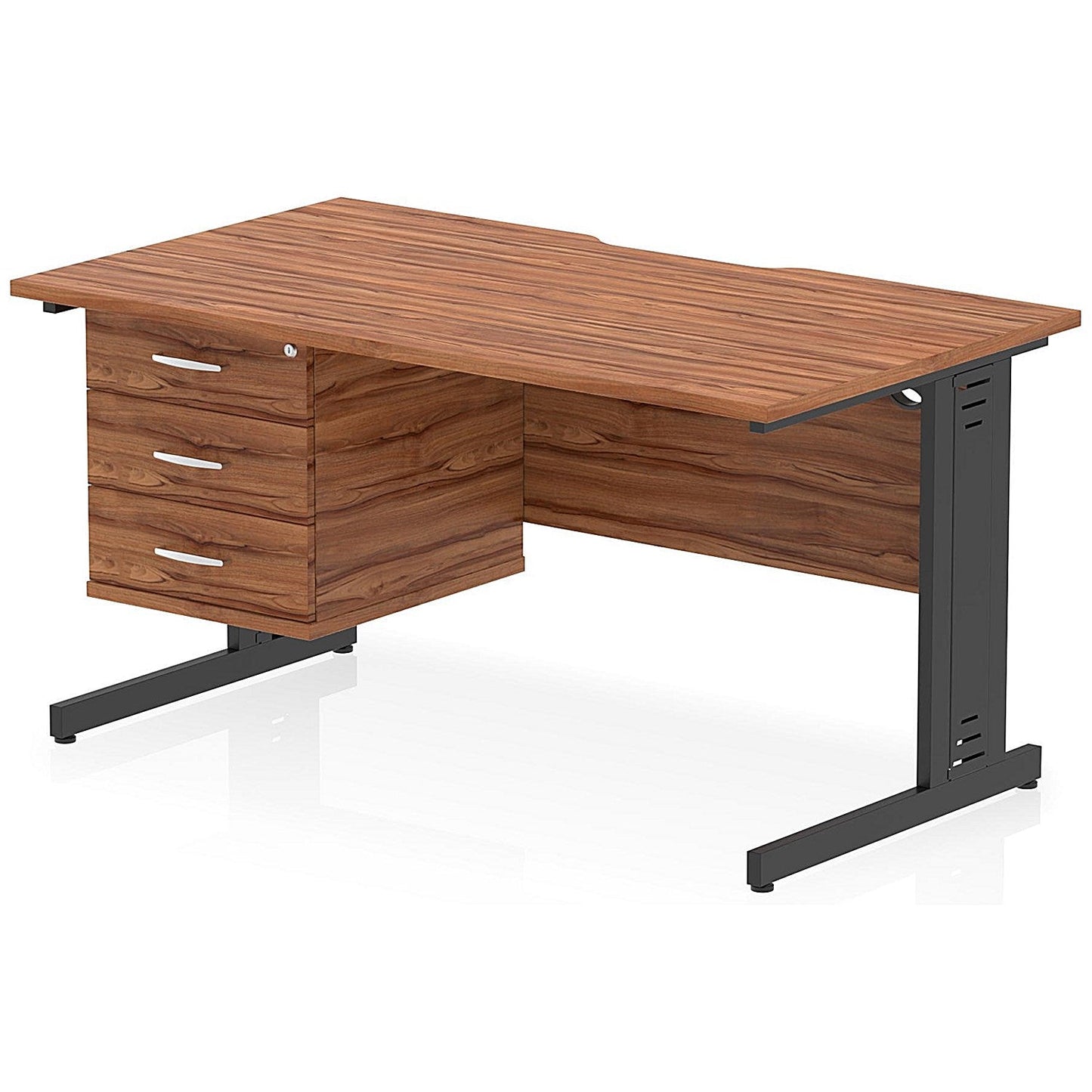 Impulse 1400mm Scalloped Edge Rectangular Desk, Black Cable Managed Legs, Walnut, With 1 x 3 Drawer Fixed Pedestal Easy2Order : I006317