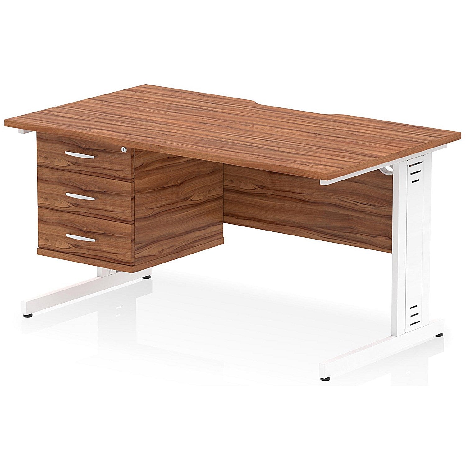 Impulse 1400mm Scalloped Edge Rectangular Desk, White Cable Managed Legs, Walnut, With 1 x 3 Drawer Fixed Pedestal Easy2Order : I006319