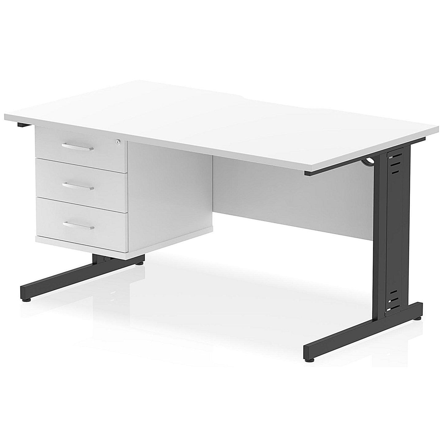 Impulse 1400mm Scalloped Edge Rectangular Desk, Black Cable Managed Legs, White, With 1 x 3 Drawer Fixed Pedestal Easy2Order : I006320