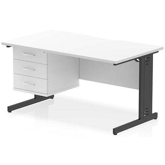 Impulse 1400mm Scalloped Edge Rectangular Desk, Black Cable Managed Legs, White, With 1 x 3 Drawer Fixed Pedestal Easy2Order : I006320