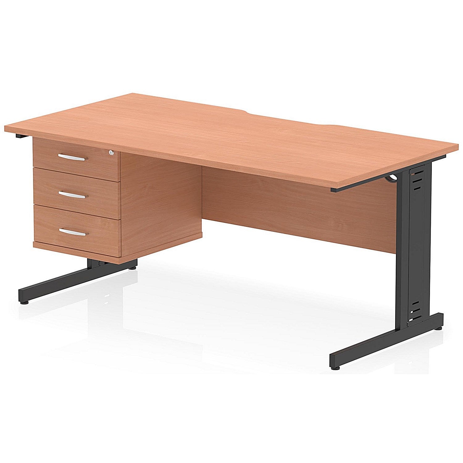 Impulse 1600mm Scalloped Edge Rectangular Desk, Black Cable Managed Legs, Beech, With 1 x 3 Drawer Fixed Pedestal Easy2Order : I006323
