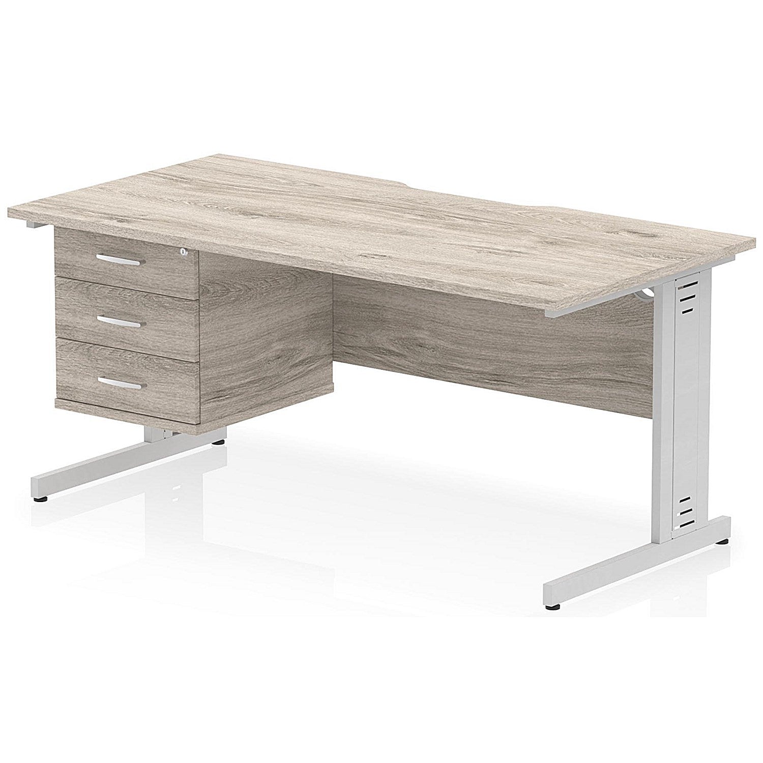 Impulse 1600mm Scalloped Edge Rectangular Desk, Silver Cable Managed Legs, Grey Oak, With 1 x 3 Drawer Fixed Pedestal Easy2Order : I006327