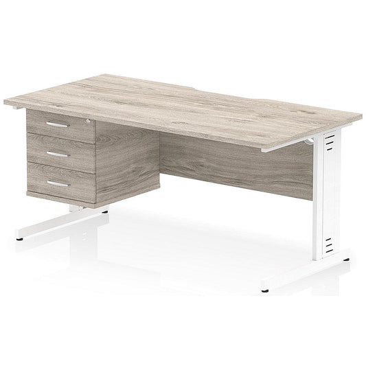 Impulse 1600mm Scalloped Edge Rectangular Desk, White Cable Managed Legs, Grey Oak, With 1 x 3 Drawer Fixed Pedestal Easy2Order : I006328
