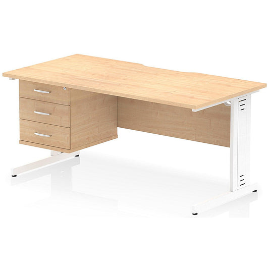 Impulse 1600mm Scalloped Edge Rectangular Desk, White Cable Managed Legs, Maple, With 1 x 3 Drawer Fixed Pedestal Easy2Order : I006331