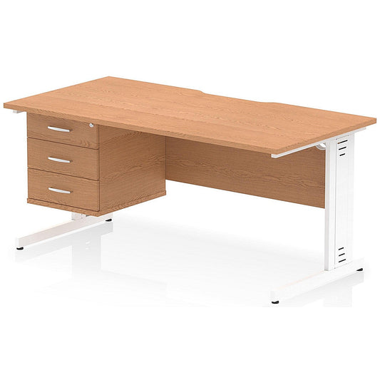 Impulse 1600mm Scalloped Edge Rectangular Desk, White Cable Managed Legs, Oak, With 1 x 3 Drawer Fixed Pedestal Easy2Order : I006334