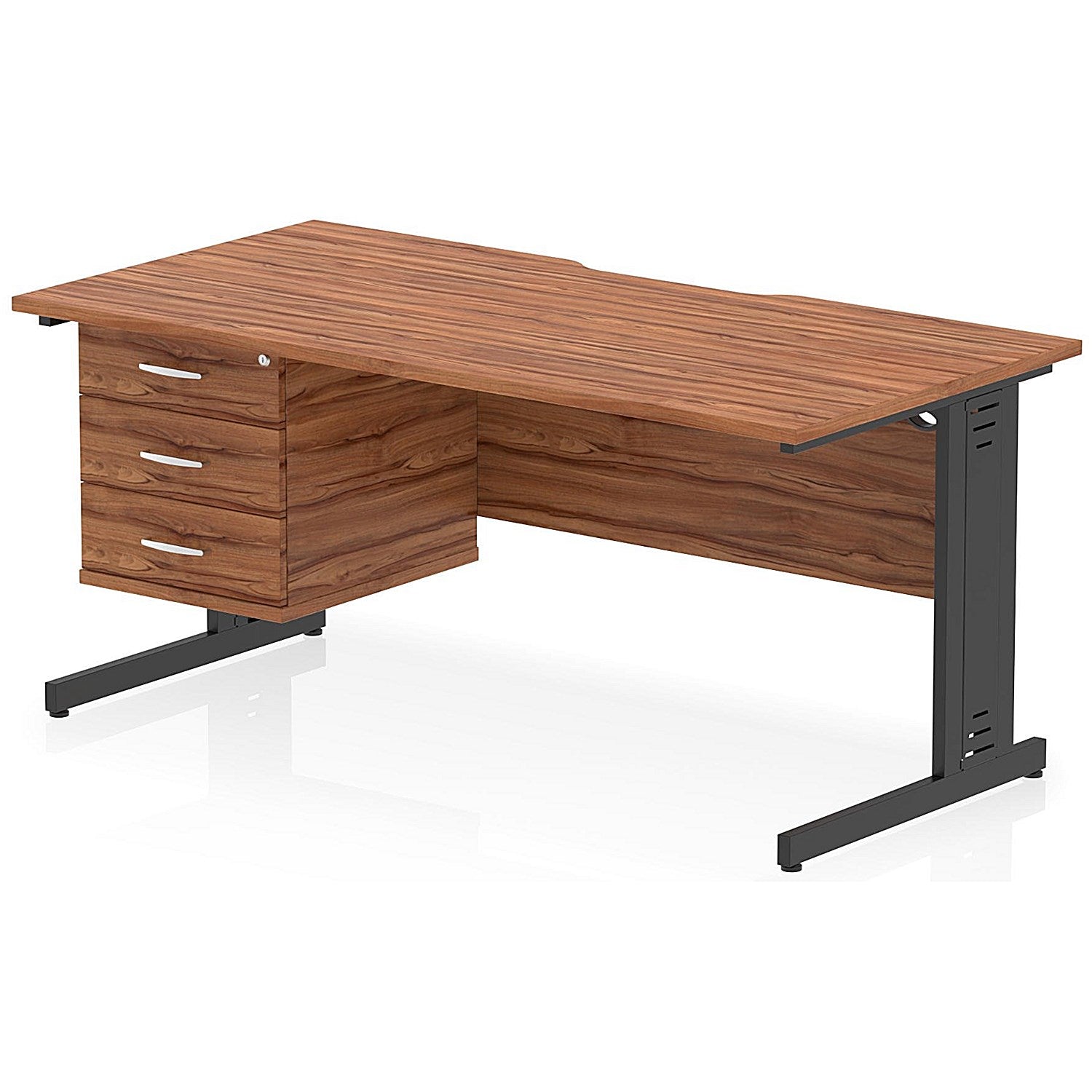 Impulse 1600mm Scalloped Edge Rectangular Desk, Black Cable Managed Legs, Walnut, With 1 x 3 Drawer Fixed Pedestal Easy2Order : I006335