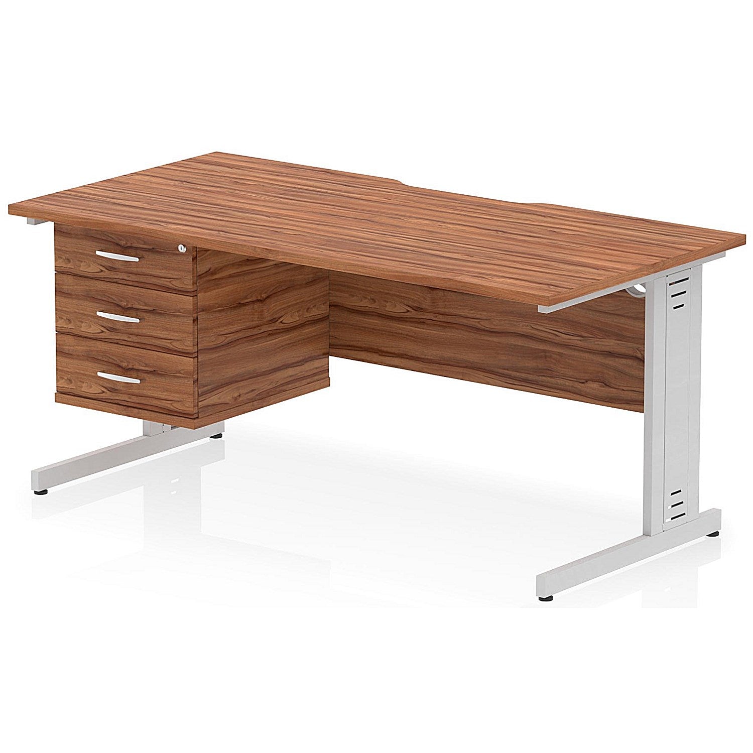 Impulse 1600mm Scalloped Edge Rectangular Desk, Silver Cable Managed Legs, Walnut, With 1 x 3 Drawer Fixed Pedestal Easy2Order : I006336