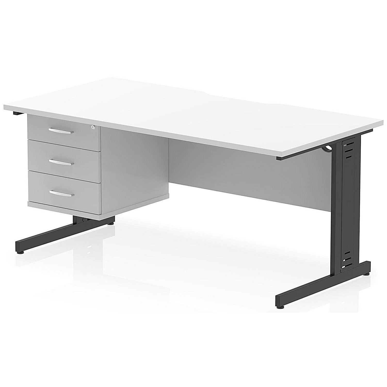 Impulse 1600mm Scalloped Edge Rectangular Desk, Black Cable Managed Legs, White, With 1 x 3 Drawer Fixed Pedestal Easy2Order : I006338