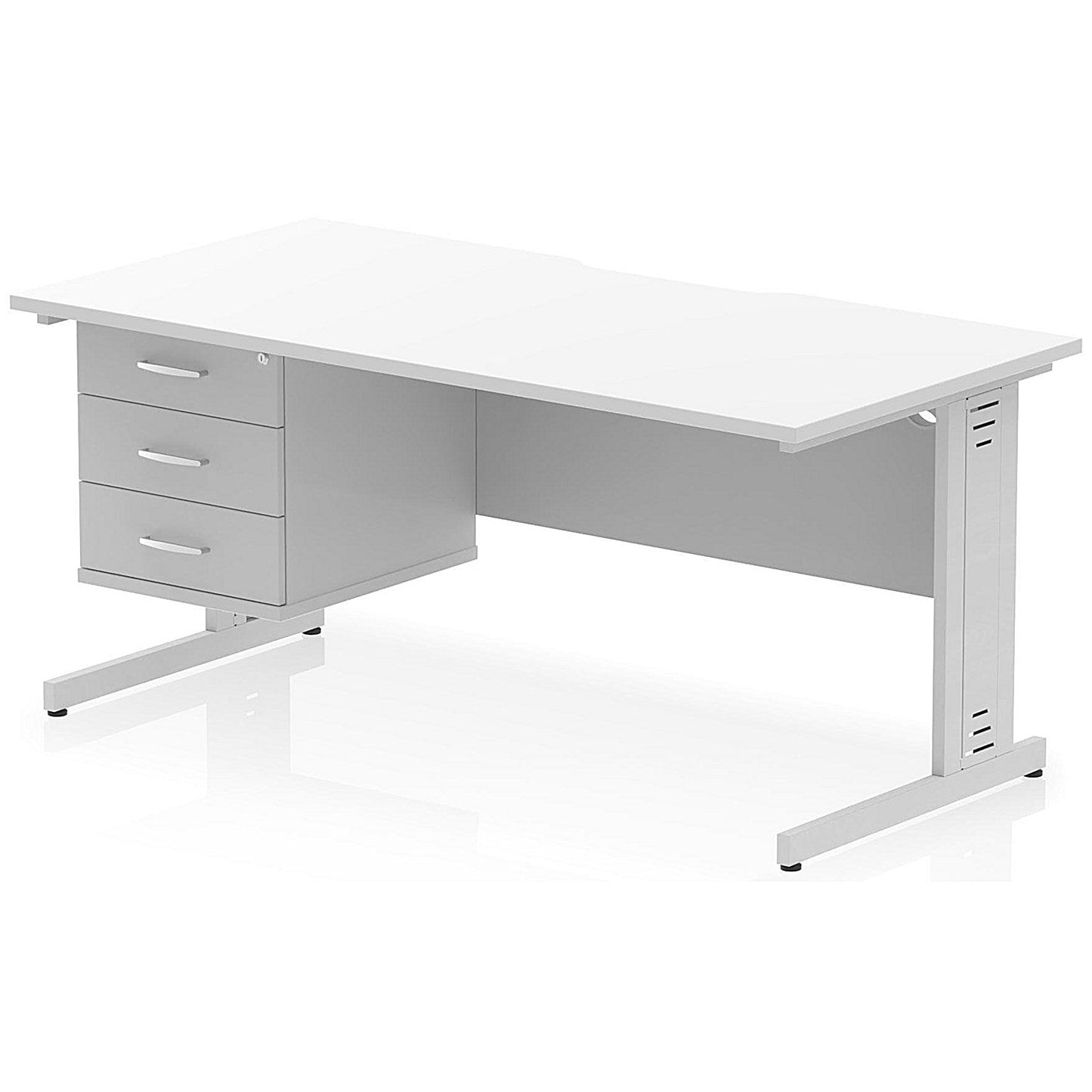 Impulse 1600mm Scalloped Edge Rectangular Desk, Silver Cable Managed Legs, White, With 1 x 3 Drawer Fixed Pedestal Easy2Order : I006339
