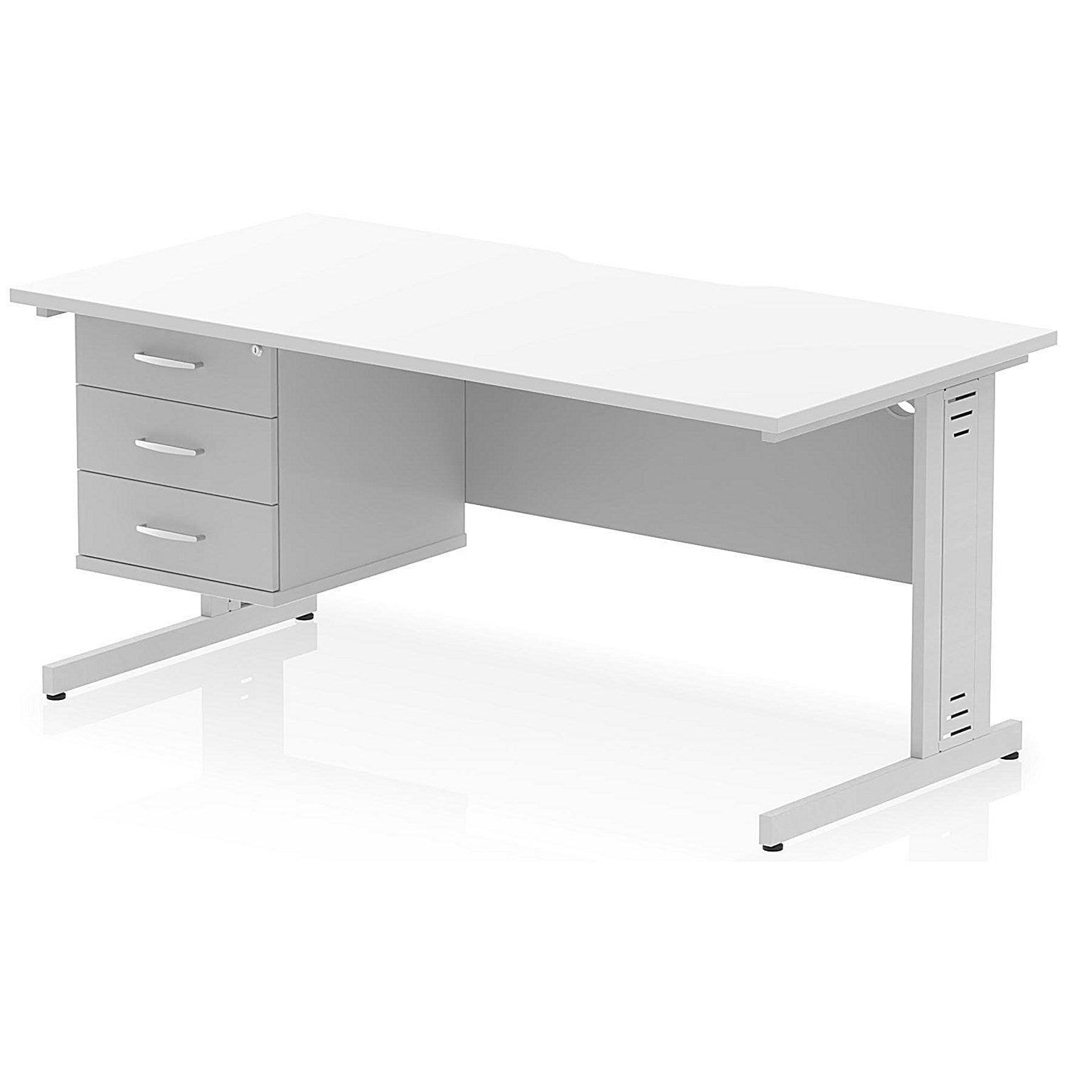 Impulse 1600mm Scalloped Edge Rectangular Desk, Silver Cable Managed Legs, White, With 1 x 3 Drawer Fixed Pedestal Easy2Order : I006339