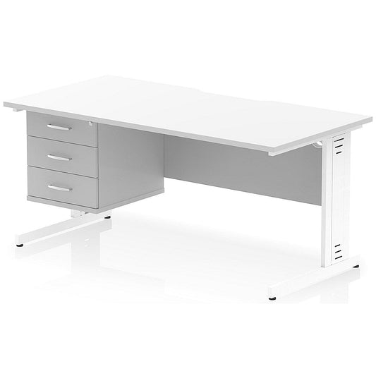 Impulse 1600mm Scalloped Edge Rectangular Desk, White Cable Managed Legs, White, With 1 x 3 Drawer Fixed Pedestal Easy2Order : I006340