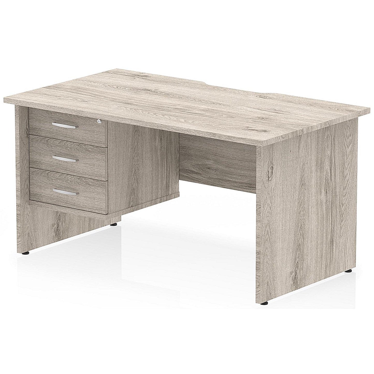 Impulse 1400mm Scalloped Edge Rectangular Desk, Panel End Legs, Grey Oak With 1 x 3 Drawer Fixed Pedestal Easy2Order : I006348