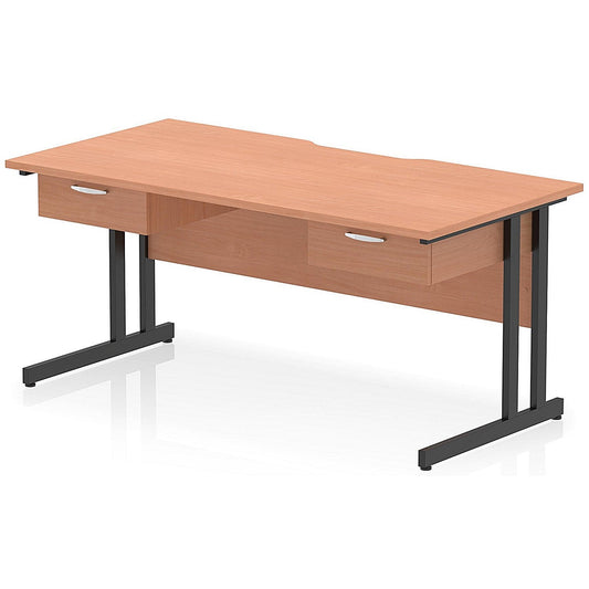 Impulse 1600mm Scalloped Edge Rectangular Desk, Black Cantilever Legs, Beech, With 2 x 1 Drawer Fixed Pedestals Easy2Order : I006401