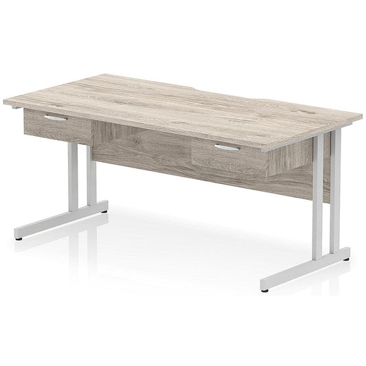 Impulse 1600mm Scalloped Edge Rectangular Desk, Silver Cantilever Legs, Grey Oak, With 2 x 1 Drawer Fixed Pedestals Easy2Order : I006405