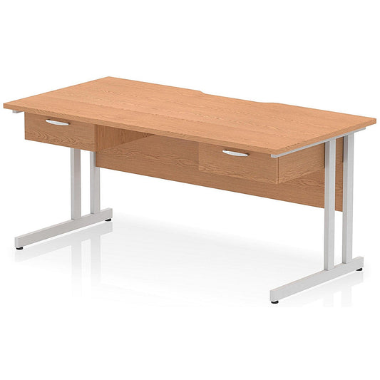 Impulse 1600mm Scalloped Edge Rectangular Desk, Silver Cantilever Legs, Oak, With 2 x 1 Drawer Fixed Pedestals Easy2Order : I006411