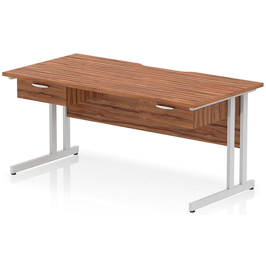 Impulse 1600mm Scalloped Edge Rectangular Desk, Silver Cantilever Legs, Walnut, With 2 x 1 Drawer Fixed Pedestals Easy2Order : I006414