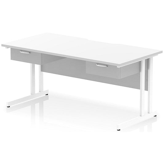 Impulse 1600mm Scalloped Edge Rectangular Desk, White Cantilever Legs, White, With 2 x 1 Drawer Fixed Pedestals Easy2Order : I006418