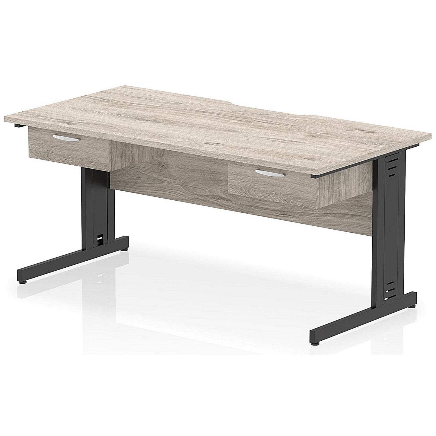 Impulse 1600mm Scalloped Edge Rectangular Desk, Black Cable Managed Legs, Grey Oak, With 2 x 1 Drawer Fixed Pedestals Easy2Order : I006422
