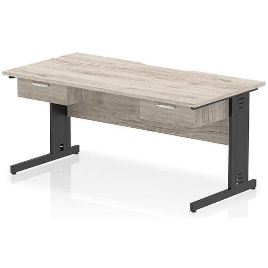 Impulse 1600mm Scalloped Edge Rectangular Desk, Black Cable Managed Legs, Grey Oak, With 2 x 1 Drawer Fixed Pedestals Easy2Order : I006422