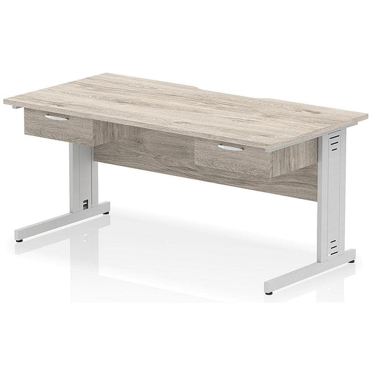 Impulse 1600mm Scalloped Edge Rectangular Desk, Silver Cable Managed Legs, Grey Oak, With 2 x 1 Drawer Fixed Pedestals Easy2Order : I006423
